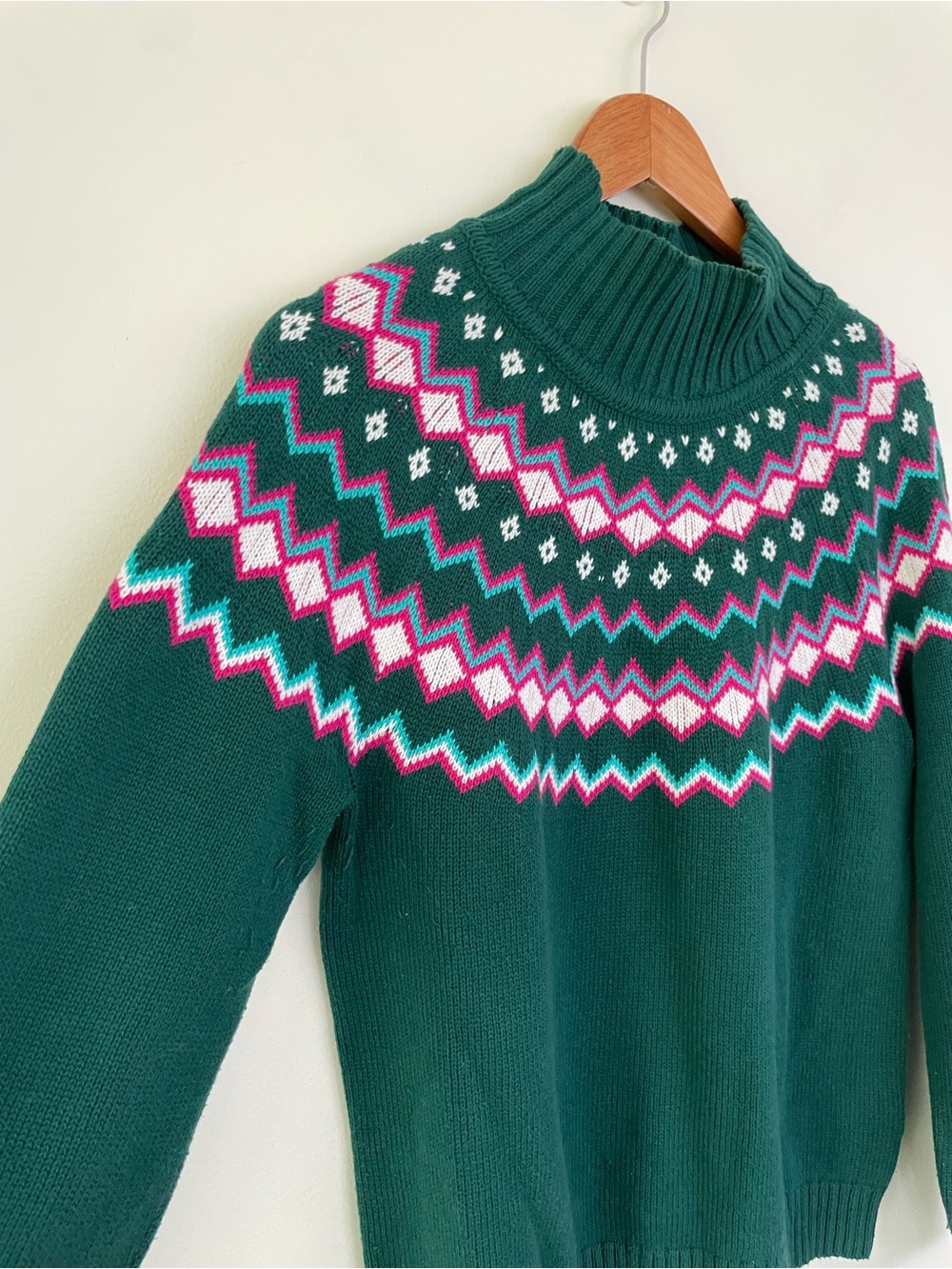 J. Crew Fair Isle Mock Neck Long Sleeve Sweater M Medium Green Pink Cotton - Picture 4 of 9
